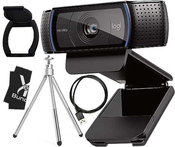 Logitech Webcam C920 HD Pro Bundle with Tripod, Privacy Shutter Cleaning Cloth - Privacy Cover Computer Webcam Microphone - 1080p Streaming Wide Angle Video Camera - 1080P Desktop Web Camera