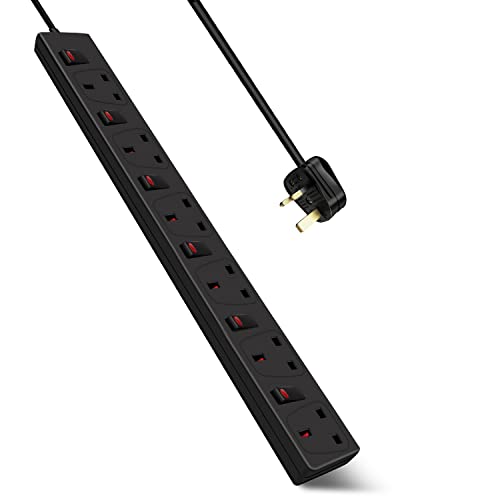 ExtraStar 6 Way Surge Protected Extension Leads 2M, Wall Mounted Power Strips with Individual Switches 13A UK Plug, Black Extension Socket for Home and Office - Black - 2M