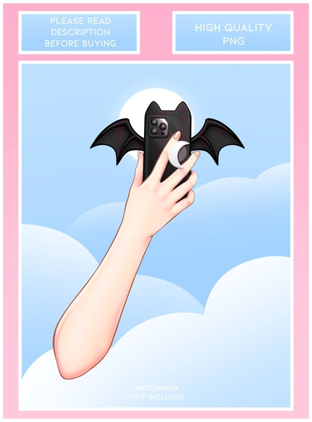 Black Bat Phone  - Vtuber |  Twitch | Youtube | Prop | Asset | Hands | Phone | 2D | PNG | Demon | Bat | Moon | Kawaii | Cute | Black | Goth