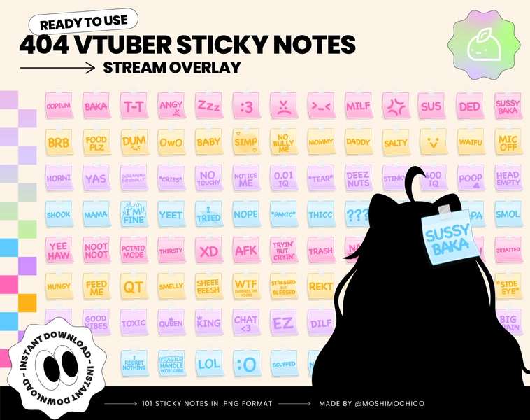 404 Vtuber Sticky Note Set, Funny Stream Overlay, P2U Vtuber Stream Assets, Custom, PNGtuber, Streamer Setup, Cute Aesthetic, Cozy, Sus