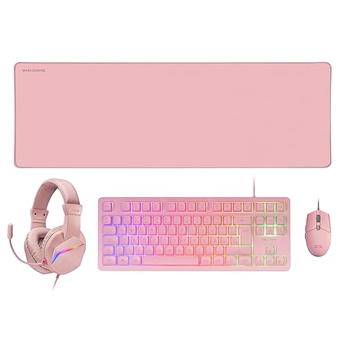 MARSGAMING Mars Gaming MCP-RGB3, Gaming Pack Fixed RGB Keyboard + Gaming Mouse RGB Flow 3200 DPI + RGB Over-Ear Headset + XXL Mousepad, Pink, Spanish Language - MCPRGB3PES