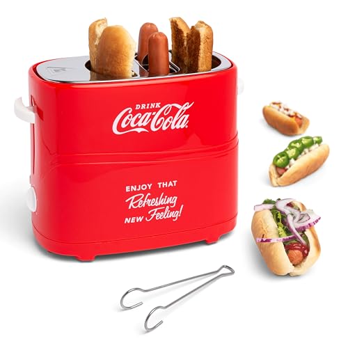 Nostalgia Coca-Cola 2 Slot Bun Mini Tongs, Hot Dog Toaster Works with Chicken, Turkey, Veggie Links, Sausages and Brats, Retro Red - Toaster - Hot Dog Toaster Coke