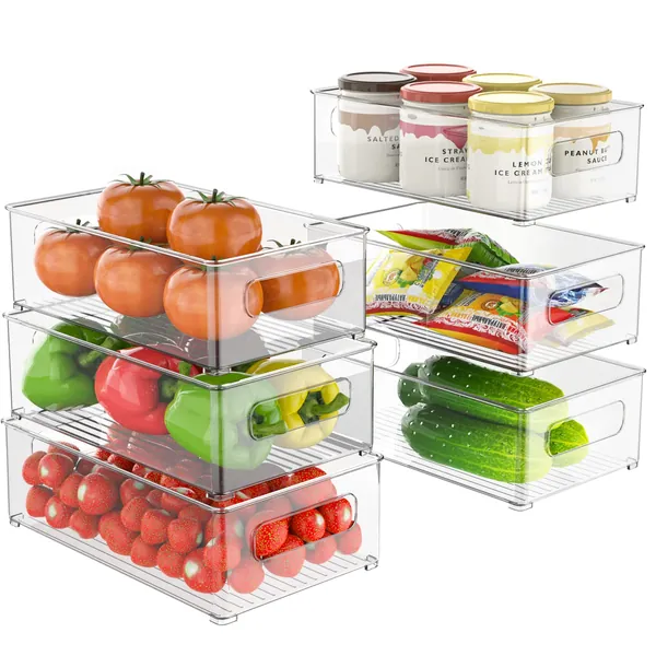 Raweao Refrigerator Organizer Bins - 6 Pack Fridge Organizers and Storage Clear, Three Size Clear Stackable Storage Bins for Pantry, Freezer, Cabinet, Drawer - BPA Free - 