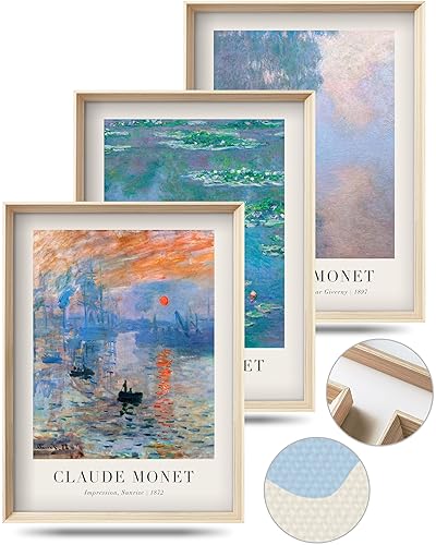 Framed Claude Monet Water Lilies Canvas Wall Art,Vintage Impressionist Botanical Painting,16x12IN High Framed Design Prints,Minimalist Classic Decor Aesthetic for Living Room,Bedroom,Bathroom Set of 3 - Framed Monet Vintage Art - 12.00" x 16.00"