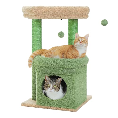 PAWZ Road Cactus Cat Tree, Cat Tower with Natural Sisal-Covered Scratching Posts, Cozy Cat Condo and Cat Perch for Small Cats Indoor, Green - Green