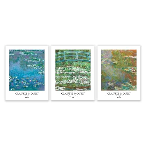 EVOLE HOME Claude Monet Water Lilies Giclee Print Set of 3 Unframed 11x14 Inch Posters Inspirational Wall Decor for Home or Office - 11x14 inch - Claude Monet 3 - Flat Mailer