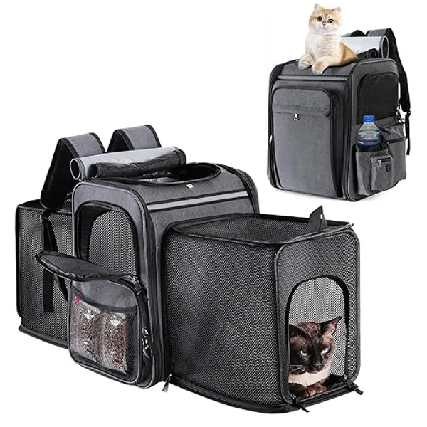 GROXKOX Cat Backpack Carrier,Double Side Expandable Cat Carrier Backpack,Dog Carrier Backpack for Medium Cats and Small Dogs,Puppies Up to 20 Lbs,Pets Carrier Backpack with Breathable Mesh(Grey) - Grey + Black Mesh