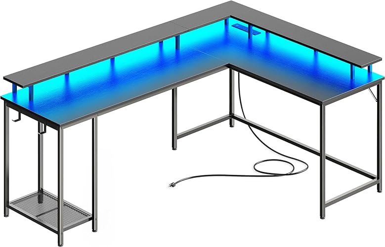 SUPERJARE L Shaped Gaming Desk with Power Outlets & LED Lights, 66 Inch Computer Desk with Monitor Stand & Storage Shelf, Home Office Desk Corner Desk with Hooks, Black - Black - 66 inch