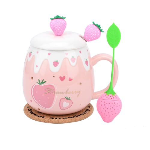 XinHuiGY Pink Mug, Cute Strawberry Cup with Cover Spoon, Ceramic Coffee Mug with strainer, Kawaii Cup for Tea Milk, Women Girls Student Korean Style 450ML Christmas Birthday Gift - Big Strawberry