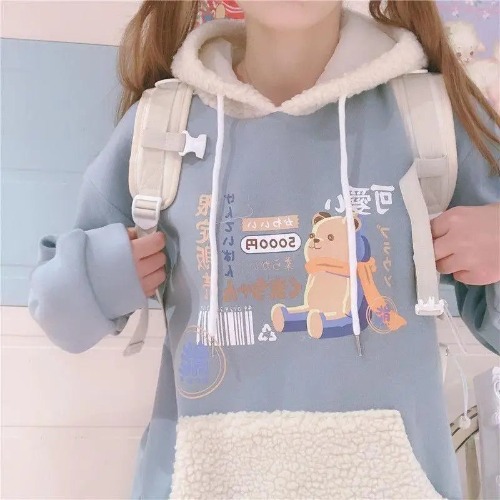 Pastel Teddy Bear Fleece Pullover Hoodie - Blue / XXL