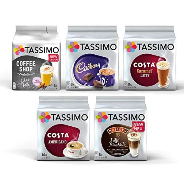 Tassimo Coffee Selection - Costa Americano/Caramel Latte/Cadbury Hot Chocolate/Chai Latte/Baileys Latte Macchiato Coffee Pods- 5 Packs (48 Servings)