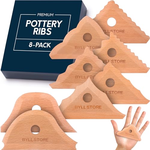 Byllstore Triangle Pottery Ribs & Trimming Tools | 2 Foot Shaper Tools | 6 Clay Texture Ribs | Solid Beech Wood | 8-Pack - 8 Pack | Triangle Ribs & Foot Shaper Tools
