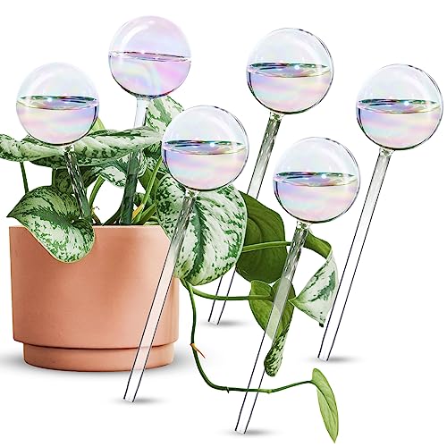[6 PCS] Light Iridescent Rainbow Gradient Color Clear Glass Self-Watering System Spikes, Aqua Globes Automatic Plant Waterer Bulbs - Iridescent 6-Pack
