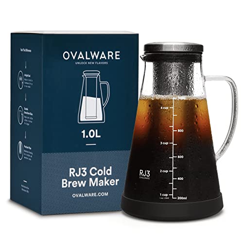 ovalware Airtight Cold Brew Iced Coffee Maker Pitcher and Tea Infuser with Spout - 1.0L / 34oz RJ3 Brewing Glass Carafe with Removable Stainless Steel Filter - 1.0 Liter