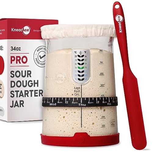 KneadAce Pro Sourdough Bread Starter Kit- 34 oz Large Capacity Sourdough Starter Jar with 5 unique features for the perfect sour dough bread & sourdough starter kit- sourdough bread baking supplies - 1