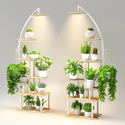 BACEKOLL Plant Stand Indoor with Grow Lights, 7 Tiered Metal Plant Stand for Indoor Plants Multiple, Large Plant Shelf Display Rack, Half-Moon-Shaped Tall Plant Holder for Living Room, Patio (White)
