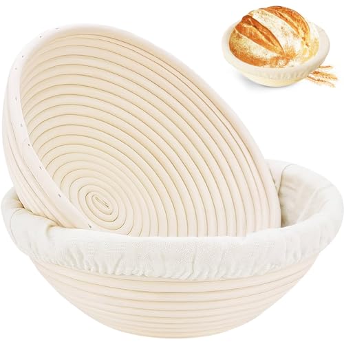 Dimpola Banneton Bread Proofing Basket, Banneton Basket Set of 2, 9 inch Sourdough Proofing Basket Round Proofing Bowls Handmade Rattan Baskets and Liners, Artisan Sourdough Bread Making Kit - Round 9 inch set of 2