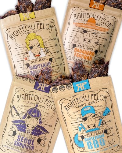 Righteous Felon Beef Jerky, Meat Snack Variety Pack, Gifts for Men, Mens Gifts, High Protein, Gluten Free, Keto, Low Sugar Healthy Snacks for Adults, Made with Premium Meats (Spicy Jerky 4 Pack) - Spicy 4 Pack