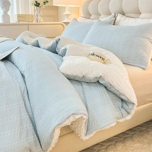 tohrisa Boho Comforter Set Queen Size Striped Pleats Bohemian Seersucker Bedding Set All Season Soft Cozy 3 Pieces Quilt with 2 Pillowcases(80"X90" Light Blue) - Light Blue - Full(80"x90")