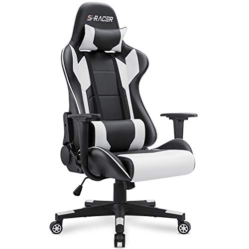 Homall Gaming Chair Office Chair High Back Computer Chair Leather Desk Chair Racing Executive Ergonomic Adjustable Swivel Task Chair with Headrest and Lumbar Support (White) - White