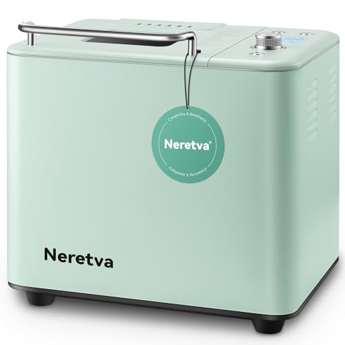 Neretva Bread Maker Machine, 20-in-1 2LB Automatic Breadmaker with Gluten Free Pizza Sourdough Setting, Digital, Programmable, 1 Hour Keep Warm, 2 Loaf Sizes, 3 Crust Colors - Receipe Booked Included - Mint Green