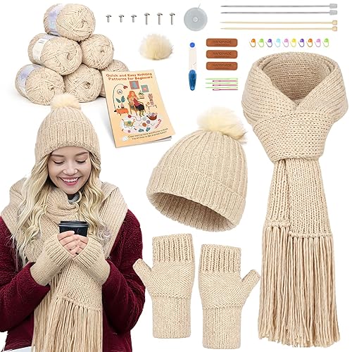 Katech Knitting Kit for Beginners Adults-Learn to Knit Kits for Adults Beginner Kids-Beginner Knitting Kit for Adults w/Step-by-Step Instruction-Complete Hat Scarf Gloves Knitting Starter Kit