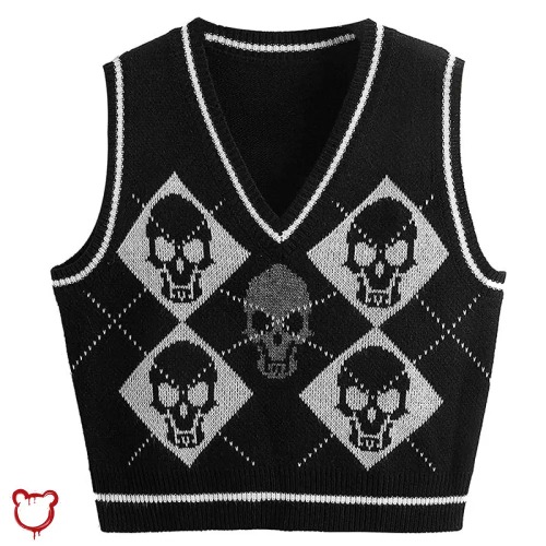 Gothic Skull Checkerboard Sweater - Black