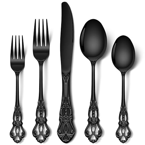 Stapava 30 Pcs Black Silverware Set, Gorgeous Retro Royal Silverware Set for 6, Stainless Steel Mirror Flatware Cutlery Set, Include Forks Spoons and Knives set, Dishwasher Safe Utensils - 5-Retro Royal Black - 30