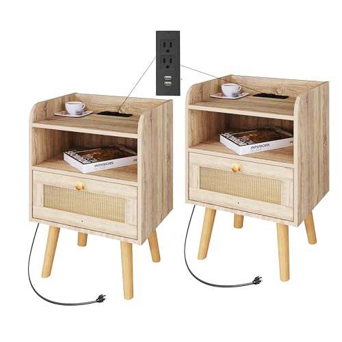 Gyger Nightstand Set of 2，Wood Nightstand with Charging Station，Bed Side Table with Rattan Decor Drawer，Small Night Table with Storage for Bedroom,Natural - 2 - Natural