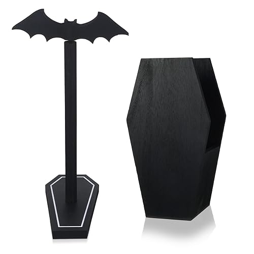 Uiifan 2 Pcs Gothic Paper Towel Holder Coffin Kitchen Bat Utensil Holder Black Wood Spooky Paper Towel Holder Gifts Decoration for Home Table Gothic Kitchen Accessories