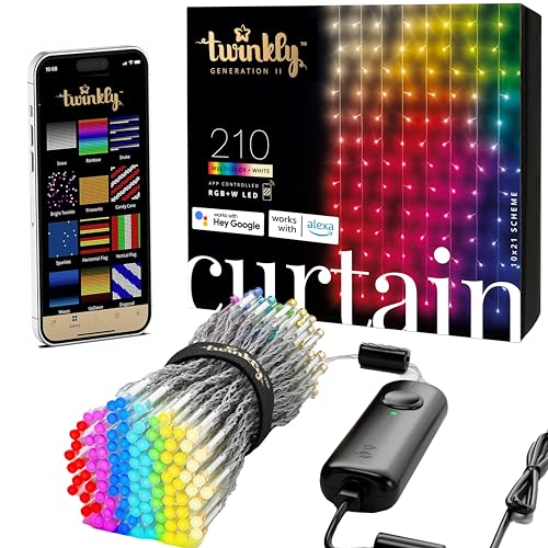 Twinkly Curtain – App-Controlled LED Christmas Lights with 210 RGB+W (16 Million Colors + Warm White) LEDs. 5 by 7 feet. Clear Wire. Indoor and Outdoor Smart Lighting Decoration - 210 RGB+W (5x7ft)