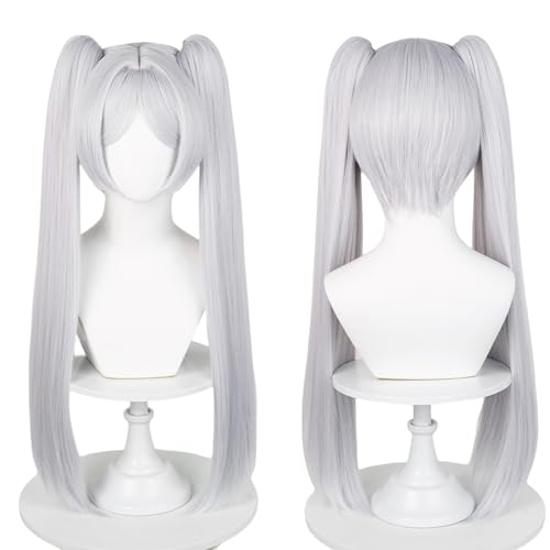 Probeauty Long Silver White Frieren Cosplay Wig for Women Halloween Costume, Anime white Ponytails Straight Costume Wig with Bangs + Wig Cap - White