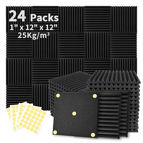 Focusound 24 Pack Acoustic Foam Panels 1" x 12" x 12" Sound Proof Foam Panles Soundproofing Noise Cancelling Wedge Panels for Home Office Recoding Studio with 240PCS Double-Side Adhesive - 24 Pack