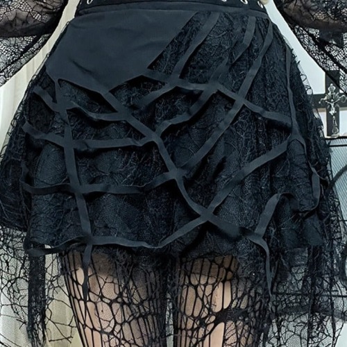 'Speed' Spider Web Mesh Tassel Skirt - black / L