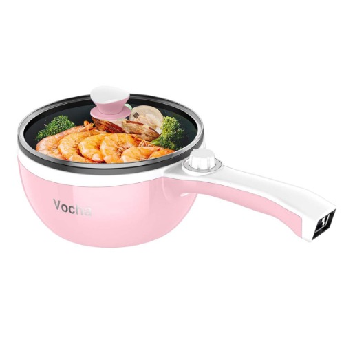 Vocha Electric Hot Pot, 1.5L Mini Portable Electric Pan Non-Stick, Multi-Cooker with Lid for Travel/Dormitory, Spatula and Egg Rack Included (Pink) - Pink