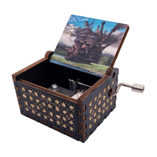 Music Box Howl Engraved Wood Musical Box Hand Cranked Gift Box for Christmas,Birthday,Valentine's Day (Castle, Black) - Castle - Black