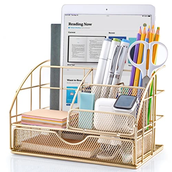 ARCOBIS Gold Desk Organizer for Women, Office Supplies Organization, Desktop Pen Holder Caddy with 5 Compartments + 1 Large Drawer | The Mesh Collection