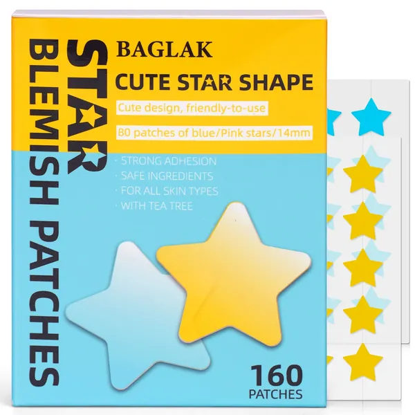 BAGLAK Star Blemish Pimple Patch,Hydrocolloid Sticker(160 Patches),Yellow & Blue,Protective Cover Spot Zit Sticker Dot - 160 Patches