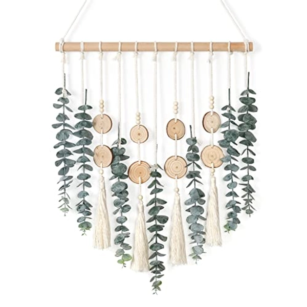 Alynsehom Artificial Eucalyptus Wall Hanging Decor Greenery Boho Chic Home Decorations Farmhouse Rustic Plants with Wooden Stick for Bedroom Living Room Apartment Ornament Gift (Green-3)