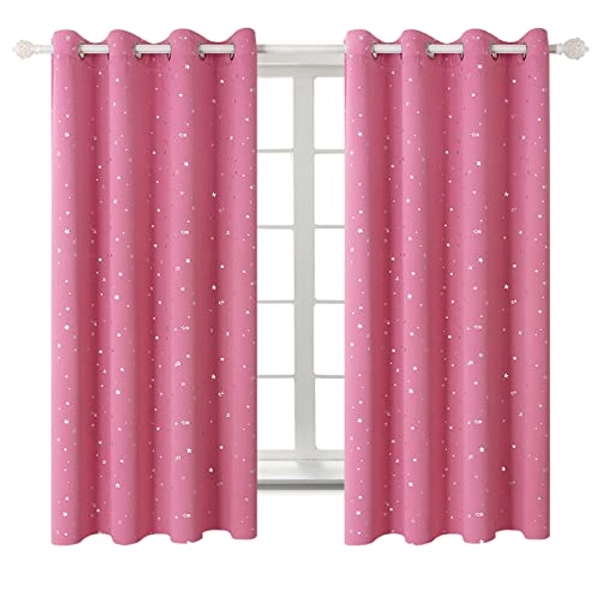 BGment Kids Blackout Curtains for Bedroom - Silver Star Printed Thermal Insulated Room Darkening Grommet Curtains for Living Room, 2 Panels of 52 x 63 Inch, Pink