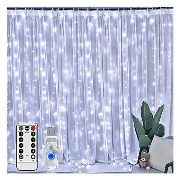 
                            LED Curtain Lights, Window Twinkle Fairy Lights 3mx3m 300 LEDs USB Operated 8 Modes Waterproof Icicle String Lights with Remote & Timer for Wall Indoor Xmas Party Home Garden Decoration (Cool White)
                        