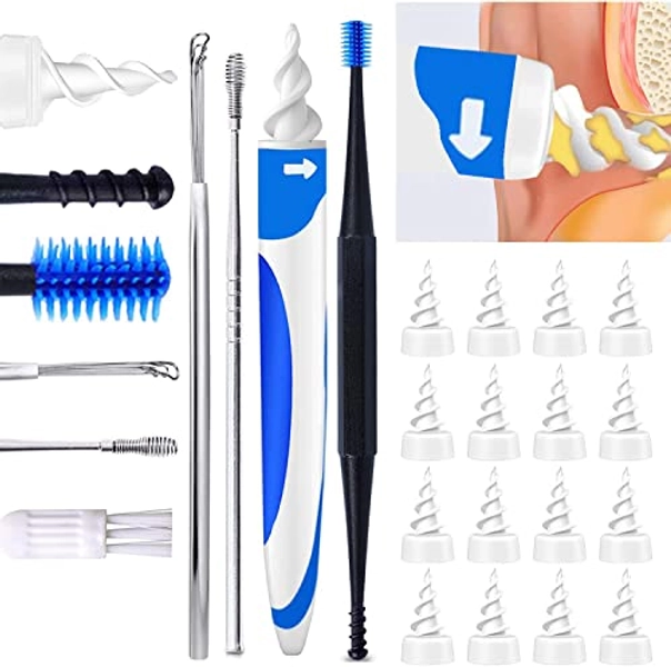 Q Grips Ear wax Remover Soft and Flexible Spiral Ear Wax Removal Kit with 16 Pcs Spiral Replacement Heads Ear Wax Removal Tool, 4 PCS Dual-Head Ear Picker, A Three-Ring Ear Cleaner Tool, Suitable for Adult & Kids