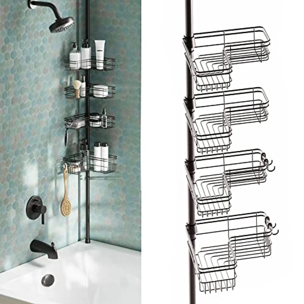 Zenna Home Shower Tension Pole Caddy, Bronze, 4 Corner-hugging Baskets (E2159HB)