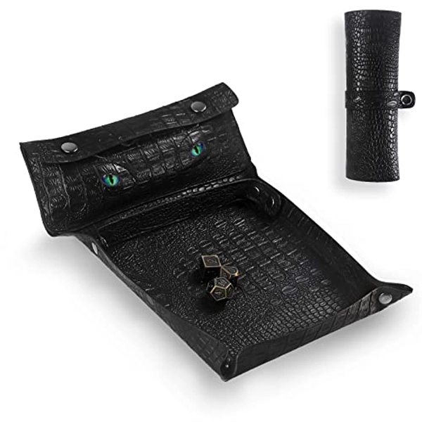 DND Dice Tray & Dice Bag 2 in1, Black PU Leather Dice Tray for Board Game, Dice Rolling Tray Contains a Dice Bag to Storge Coins and Dice, Glow in The Dark Green Eye DND Accessories, Retro Game Props