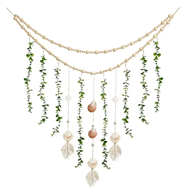 Hanging Eucalyptus Boho Wall Decor Large Boho Bedroom Wall Hanging Wooden Bead Garland Artificial Eucalyptus Natural Greenery Decoration, 36 x 36 Inch (Simple Color, Shell Style)