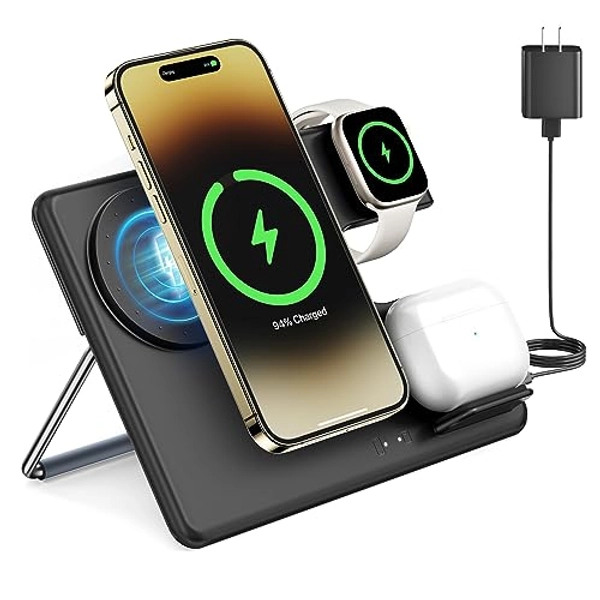 Wireless Charger Stand for MagSafe, MGG 3 in 1 Magnetic Charging Station for iPhone 14/13/12 Pro Max/Mini/Plus, Portable Charging Pad Dock for Apple Watch Ultra/8/7/6/5/4/3/2/SE, for AirPods Pro/3/2