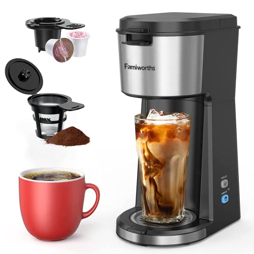Famiworths Iced Coffee Maker, Hot and Cold Coffee Maker Single Serve for K Cup and Ground, with Descaling Reminder and Self Cleaning, Iced Coffee Machine for Home, Office and RV - Black - 2 in 1