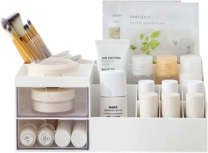 Makeup Organizer,SENCU Large Capacity Desktop Cosmetic Storage Box,Jewelry Nail Polish Makeup Container,9.65''x 4.8''x 3.67'' (White A)