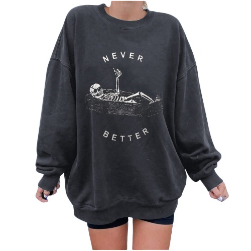 AMhomely Women Blouse Sale Clearance Party Elegant Short/Long Sleeve Tops for Work UK Skull Print Loose O-Neck Long-Sleeved Fleece Oversized Sweatshirt Pullover Cute Halloween Christmas Dressy