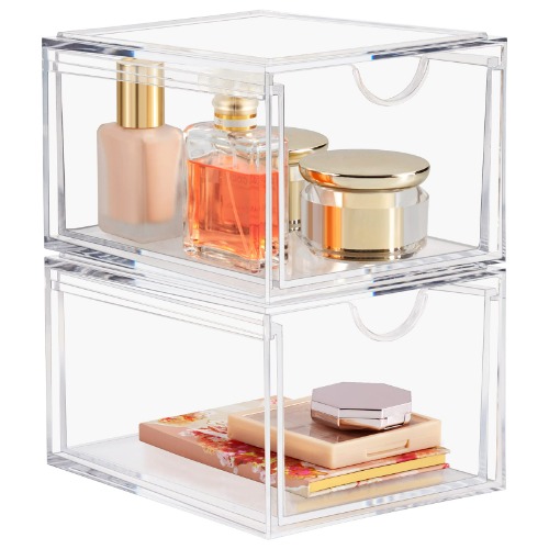 Boxalls 2 Pack Acrylic Stackable Organiser Drawers, 20% Thicker Clear Storage Organiser for Makeup, Cosmetics, Skin Care, Hair Accessories, Bathroom, Under Sink, Vanity, Countertop and Dresser